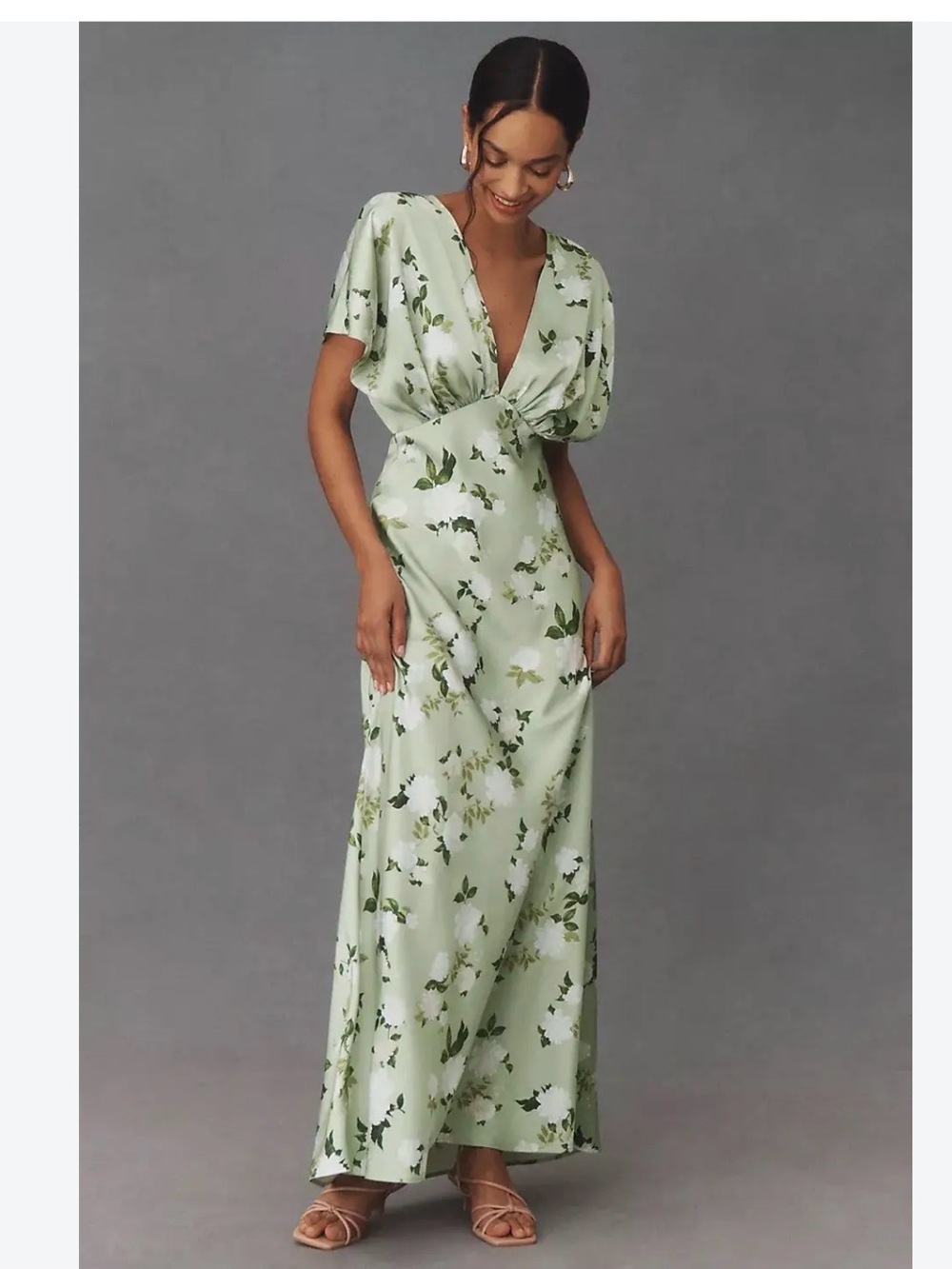 Reformation Sage Green Floral Satin Maxi Dress
